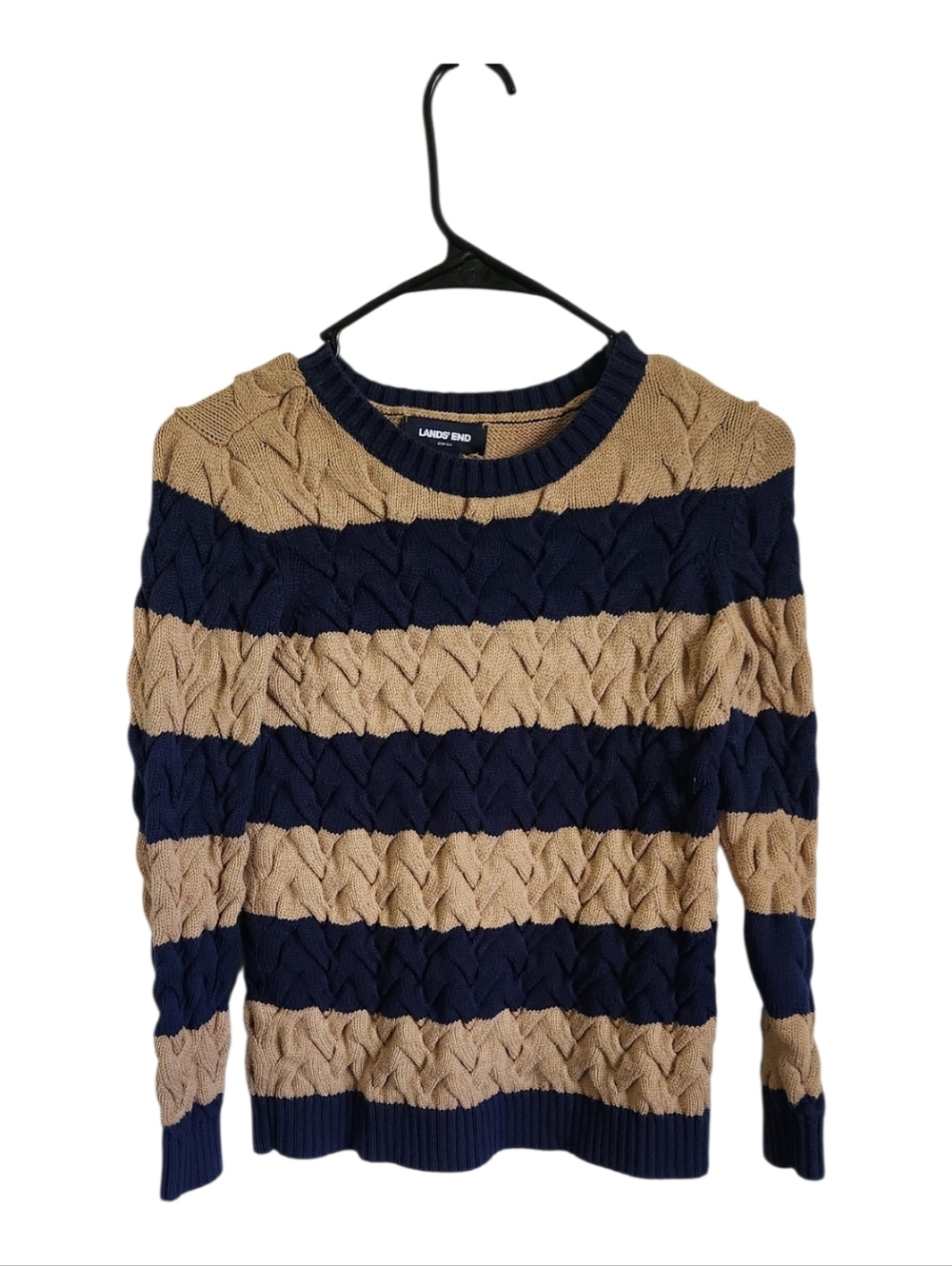 Lands' End Drifter Cable Knit Sweater 100% Cotton Navy & Tan Stripes Size XS